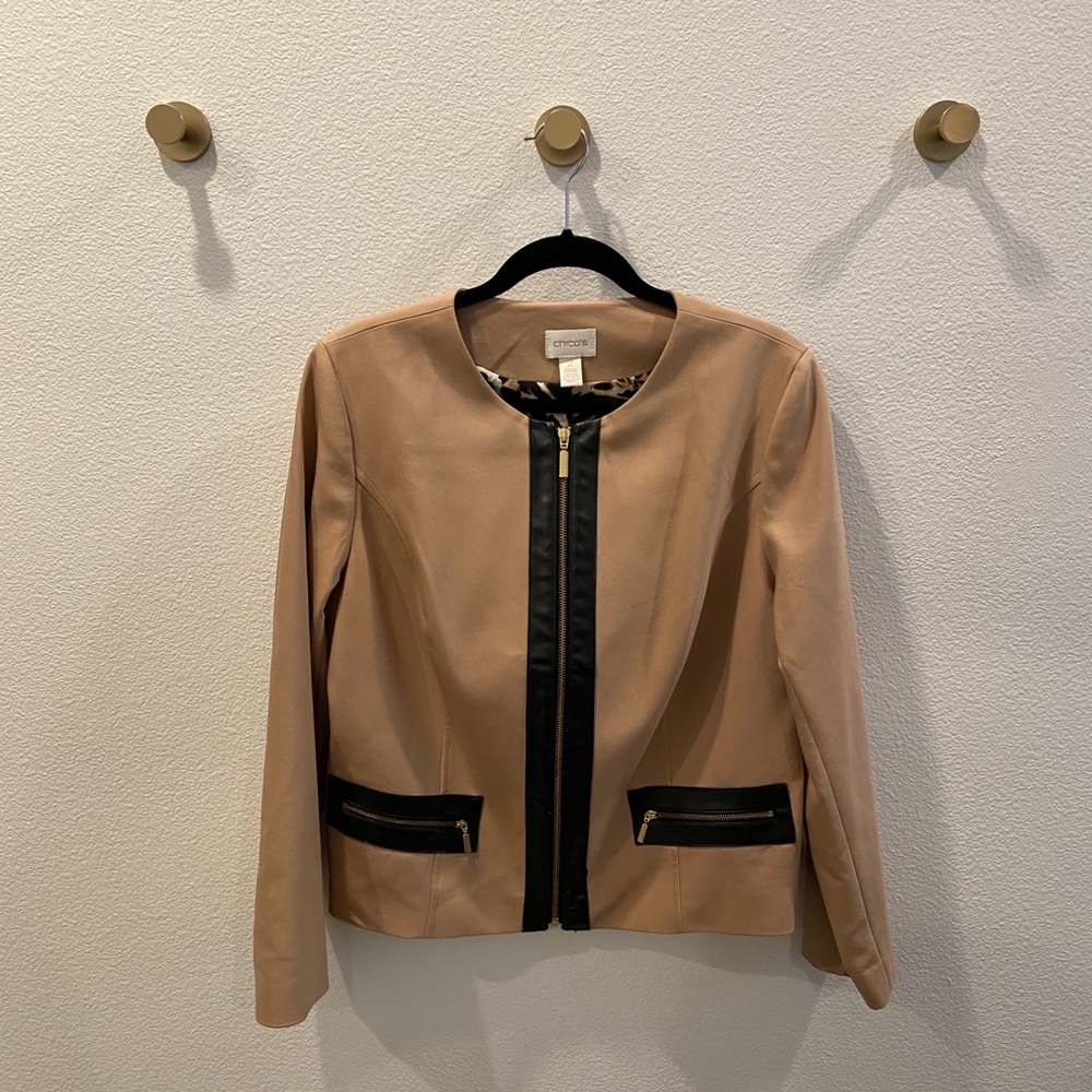 Chico’s Faux Black Leather Trim Tan Zippered Leopard Lined Jacket